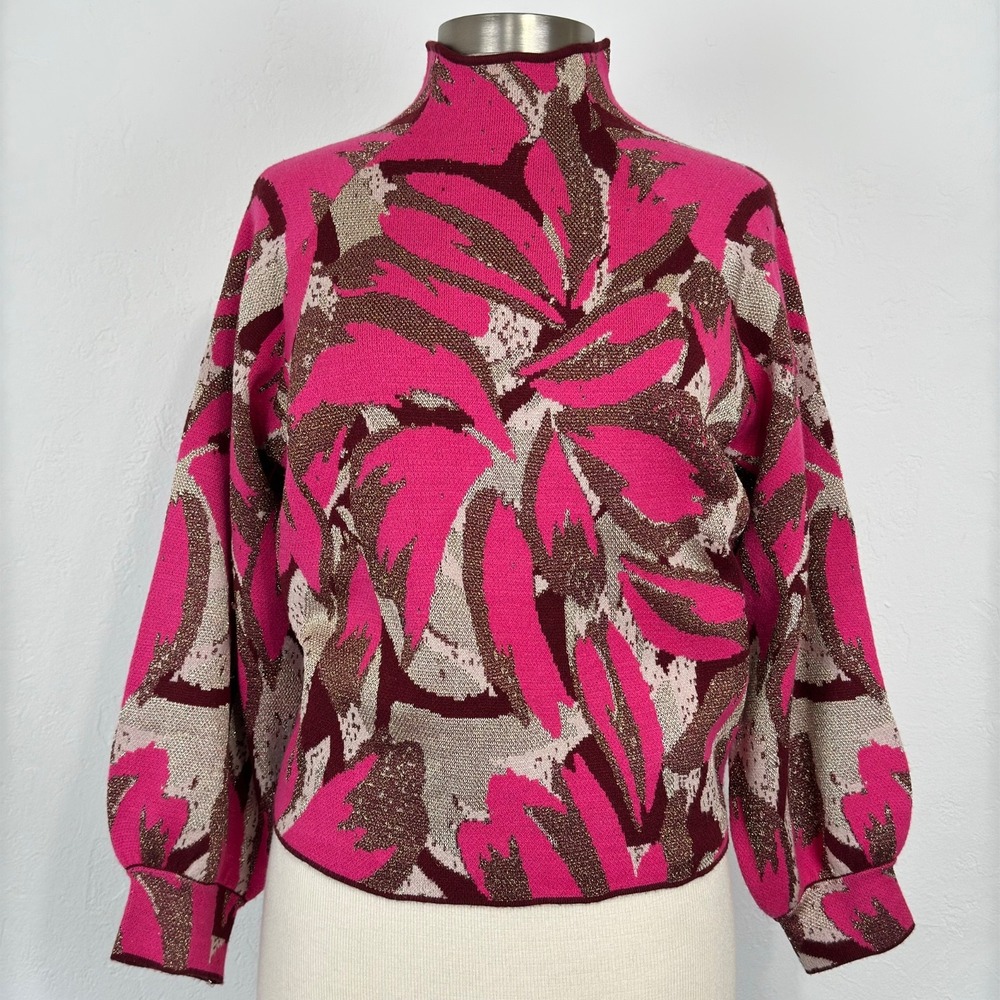 Anthropologie Beatriz Floral Knit Sweater Size Small Pink Pullover Mock Neck